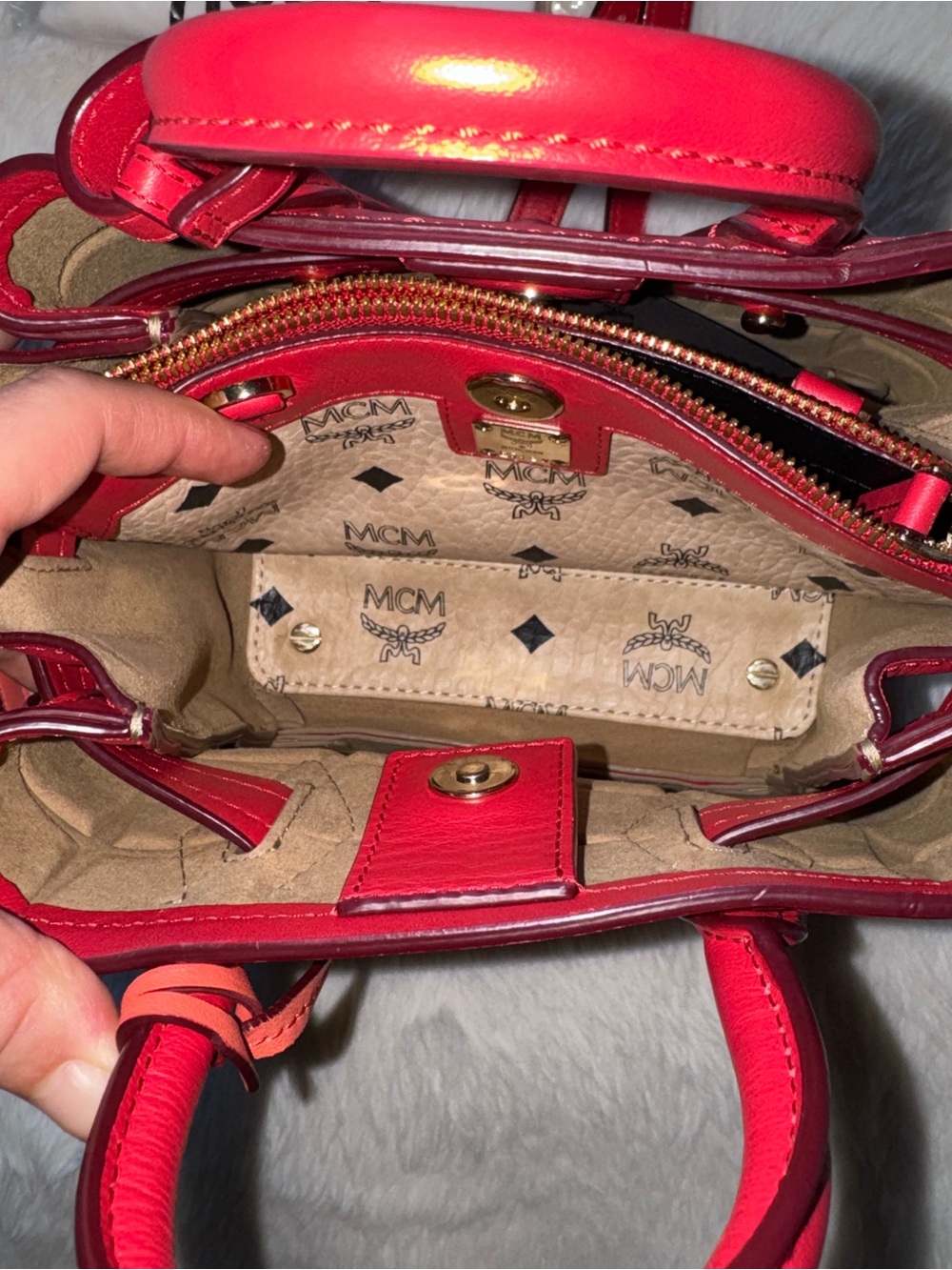 MCM Red Quilted Crossbody Satchel with Gold Accent - Picture 8 of 10